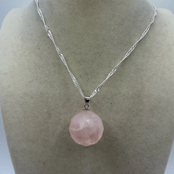 SOLD Rose Quartz 3D Round Pendant on Sterling Silver Chain - Picture 7 of 13